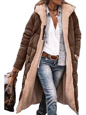 Women's Dark Coffee Winter Fleece Warm Long Coats Sherpa Faux Fur Hooded Neck